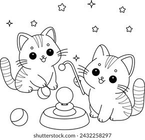 Coloring page of cute cats are playing with balls