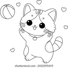 Dibujo para colorear de gatos lindos está jugando con la pelota. Elementos gráficos para niños. Estilo dibujado a mano de la historieta.