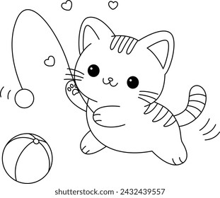 Coloring page of cute cats is playing with ball. Graphic elements for kids. Cartoon hand drawn style.