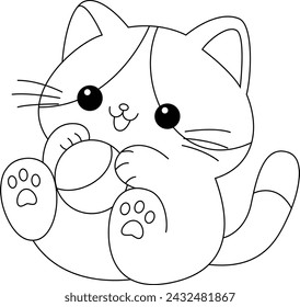 Coloring page of cute cats is playing with ball. Graphic elements for kids. Cartoon hand drawn style.