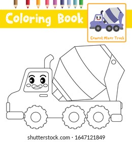 Coloring page of cute Cement Mixer Truck cartoon character side view transportations for preschool kids activity educational worksheet. Vector Illustration.