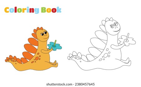 Coloring page. Cute charming orange dinosaur. Prehistoric character in cartoon childish style sits and holds a flower in his hands. The mood of joy and carelessness.
