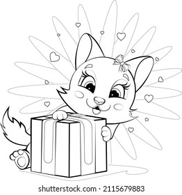 Colorido de la página. Un gatito lindo y alegre con un arco sostiene un regalo