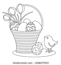 Coloring page. Cute chick, Easter eggs and flowers. Black and white vector illustration. Perfect for antistress books. 