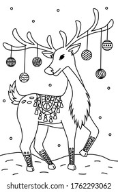 Coloring page with cute Christmas deer with ornaments. Vector illustration. Antistress, meditation for kids and adults