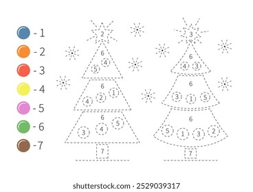Página de colorir com árvore de Natal bonito para crianças. Traçado de contornos, cor por número, prática de caligrafia. Linhas tracejadas. Ilustração vetorial
