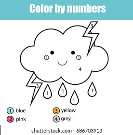 Coloring page with cute cloud character. Color by numbers educational children game, drawing kids activity, printable sheet. Learning numbers. Weather theme