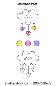  Coloring page with cute cloud with hearts. Worksheet for children.