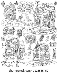 Coloring page with cute country cottages, trees, flowers and garden objects. Vintage set with rural design elements, hand drawn black and white vector illustration