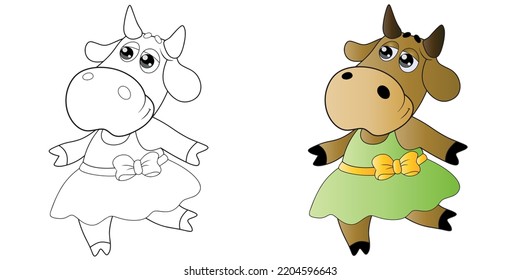 Página de Colores vaca linda en un vestido, Vector ilustración niña vaca, vaca Clipart, vaca impresa