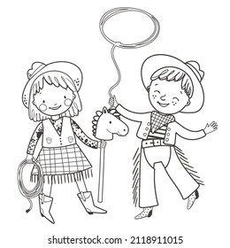 Coloring page with a cute cowboy and cowgirl with lasso and toy horse on a stick. Outline vector illustration. Black and white illustration for a coloring book.