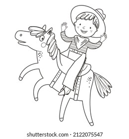 Coloring page with a cute cowboy on a horse. Outline vector illustration. Black and white illustration for a coloring book.