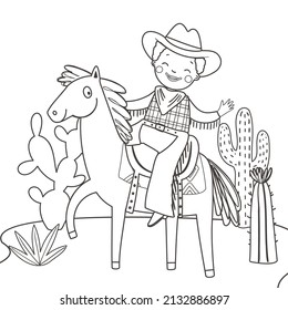 Colores de página con un lindo vaquero sobre un caballo y un cactus. Ilustración del vector de contorno. Ilustración en blanco y negro para un libro de colorear.