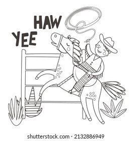 Coloring page with a cute cowboy on a horse with lasso and cacti. Outline vector illustration. Black and white illustration for a coloring book.