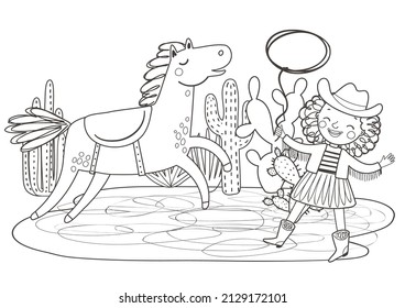 Coloring page with a cute cowgirl with horse, lasso and cacti. Outline vector illustration. Black and white illustration for a coloring book.