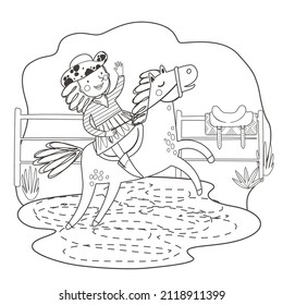 Coloring page with a cute cowgirl on a horse with lasso and cacti. Outline vector illustration. Black and white illustration for a coloring book.