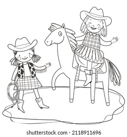 Coloring page with a cute cowgirl on a horse and lasso. Outline vector illustration. Black and white illustration for a coloring book.