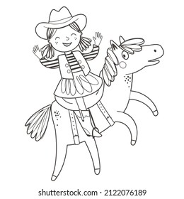 Colores de página con una linda vaquera sobre un caballo. Ilustración del vector de contorno. Ilustración en blanco y negro para un libro de colorear.