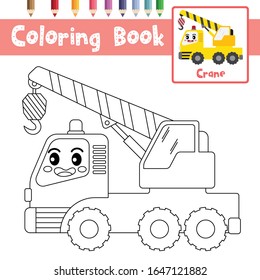 Coloring page of cute Crane cartoon character side view transportations for preschool kids activity educational worksheet. Vector Illustration.