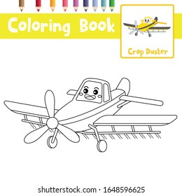 La página de color del tierno crop Duster caricatura de perspectiva de personaje ve los transportes para los niños preescolares actividad de la hoja de cálculo educativa. Ilustración vectorial.