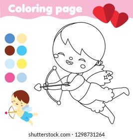 Coloring page with cute Cupid with bow and arrow. Cartoon Valentine angel. St valentine's day drawing game. Printable activity for children, kids and toddlers.