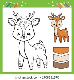 Coloring page a cute deer. Kids activity game. Drawing cartoon animals character. Children worksheet. Vector illustration.