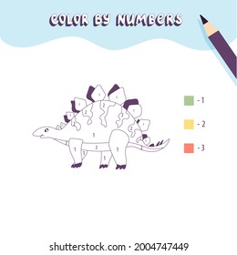 Coloring page with cute dinosaur. Color by numbers. Educational kid game, drawing childrens activity, printable worksheet.