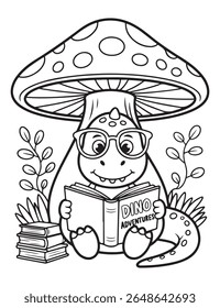 coloring page of a cute dinosaur wearing glasses reading a book under a mushroom with foliage and books. Great for kids and learning! 130 char