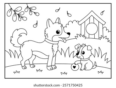 Coloring page with cute dog and puppy in black and white. Vector illustration with mother and baby pet animals in cartoon style.