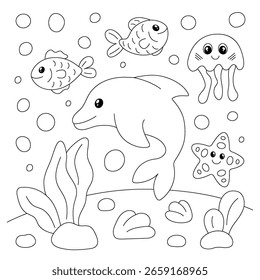 Malvorlage mit niedlichen Delfin, Fisch, Seestern und Quallen. Vektorgrafik für Kinderfarbbuch.