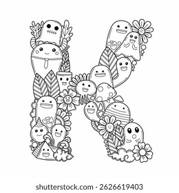 Dibujo para colorear lindo estilo doodle con alfabeto