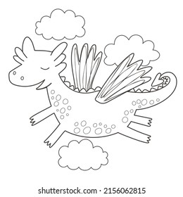 Coloring page with cute dragon on white background. Fairy tale black and white contour vector illustration for a coloring book.