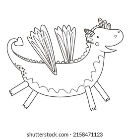 Coloring page with cute dragon on white background. Fairy tale black and white contour vector illustration for a coloring book.