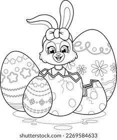 Coloring page. A cute Easter Bunny with eggs
