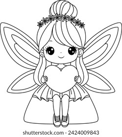 Coloring page of cute fairytale with hearts. Valentine illustration coloring book