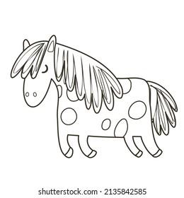 Coloring page with cute farm animals, ponies. Farm black and white contour vector illustration for a coloring book.