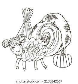 Coloring page with cute farm animals, sheep, autumn harvest and pumpkin. Farm black and white contour vector illustration for a coloring book.