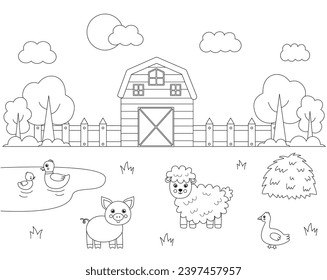 Coloring page with cute farm animals. Educational worksheet for kids.