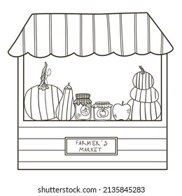 Coloring page with cute farmer's market, pumpkins and autumn harvest. Farm black and white contour vector illustration for a coloring book.