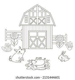 Coloring page with cute farmhouse, animals and sunflowers. Farm black and white contour vector illustration for a coloring book.