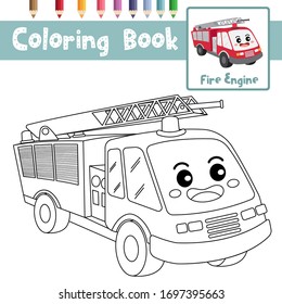 Coloring page of cute Fire Engine cartoon character perspective view transportations for preschool kids activity educational worksheet. Vector Illustration.