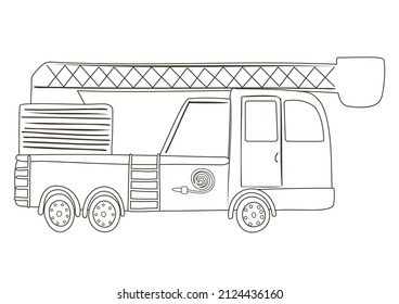 Coloring Page With Cute Fire Truck. Outline Vector Illustration. Black And White Illustration For Coloring Book.