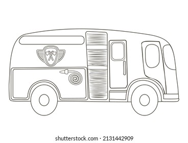 Coloring Page With Cute Fire Truck. Outline Vector Illustration. Black And White Illustration For Coloring Book.