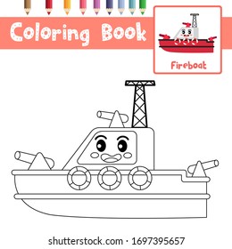 Coloring page of cute Fireboat cartoon character side view transportations for preschool kids activity educational worksheet. Vector Illustration.