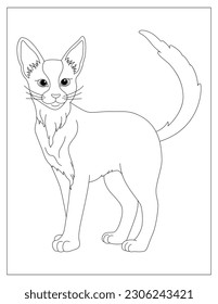 Coloring page of cute fluffy cat for children, cat sitting coloring page for kids