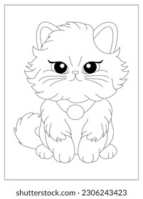 Coloring page of cute fluffy cat for children, cat sitting coloring page for kids