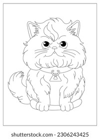 Coloring page of cute fluffy cat for children, cat sitting coloring page for kids