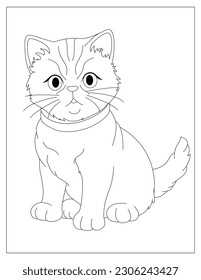 Coloring page of cute fluffy cat for children, cat sitting coloring page for kids