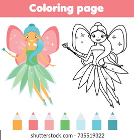 Coloring page with cute flying fairy. Color the picture. Educational children game, drawing kids activity, printable sheet