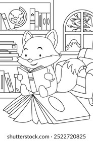 coloring page of a cute fox reading a book in the living room